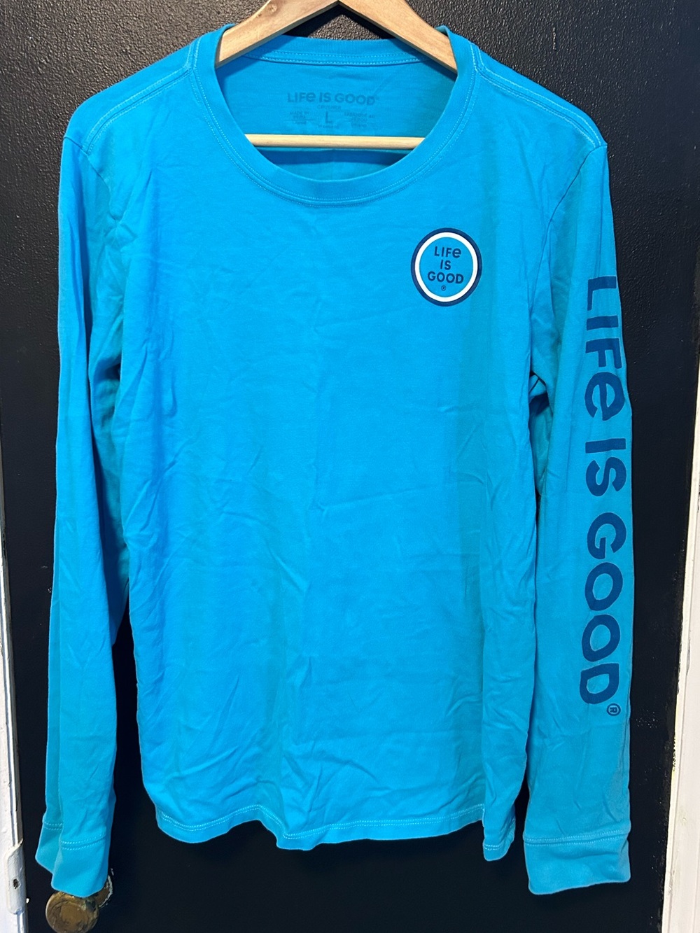 Life Is Good Kids' Long Sleeve Tee in Bright Turquoise with Sleeve Logo